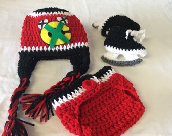 Chicago Blackhawk Baby Crochet Hockey Earflap Hat, Diaper Cover, and Skate Booties . FREE SHIPPING