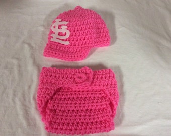 St. Louis Cardinals Pink -Baby Crochet Baseball Cap, and Diaper Cover . FREE SHIPPING