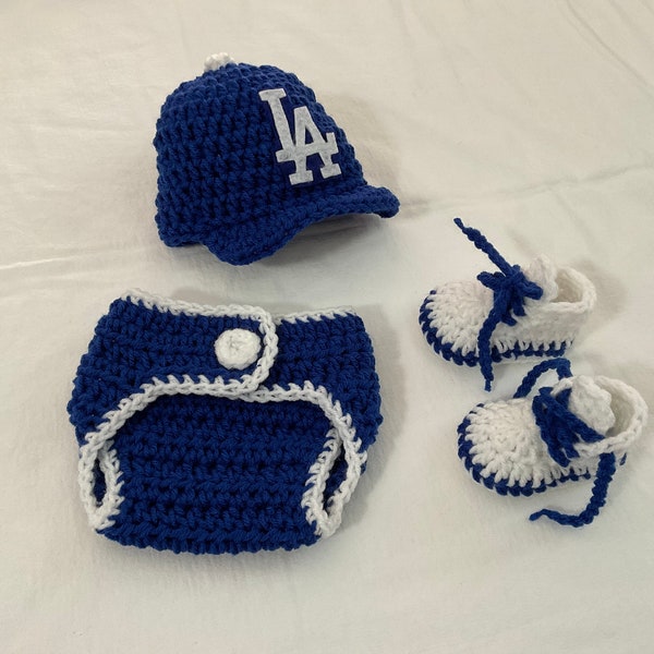 Los Angeles Dodger Baby Crochet Baseball Cap, Diaper Cover and Boots . FREE SHIPPING