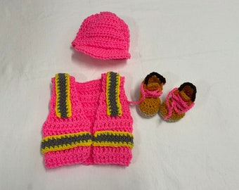 construction worker set -crochet  Baby outfit , Helmet, Safety.  Vest, and Shoes - FREE SHIPPING