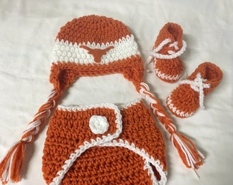 University of Texas Longhorns. Baby Crochet Hat, Diaper Cover, and Shoes. FREE SHIPPING