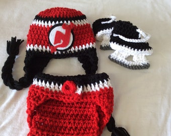 New Jersey Devils Baby Crochet Hockey Earflap Hat, Diaper Cover, and Skate Booties . FREE SHIPPING