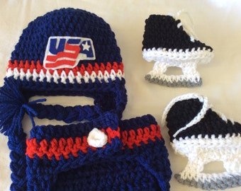 USA Hockey -Baby Crochet Hockey Earflap Hat, Diaper Cover, and Skate Booties. FREE SHIPPING