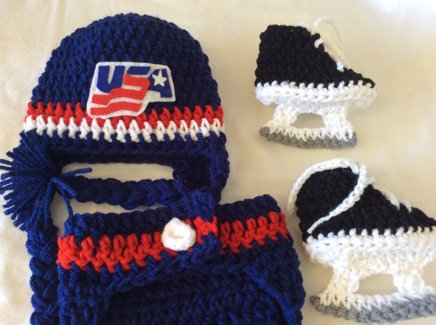 USA Hockey -Baby Crochet Hockey Earflap Hat, Diaper Cover, and Skate Booties. FREE SHIPPING
