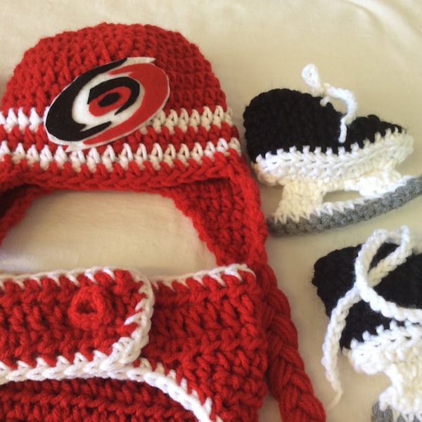 Carolina Hurricanes Baby Crochet Hockey Earflap Hat, Diaper Cover, and Skate Booties . FREE SHIPPING