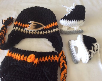 Anaheim Ducks Baby Crochet Hockey Earflap Hat, Diaper Cover, and Skate Booties . FREE SHIPPING