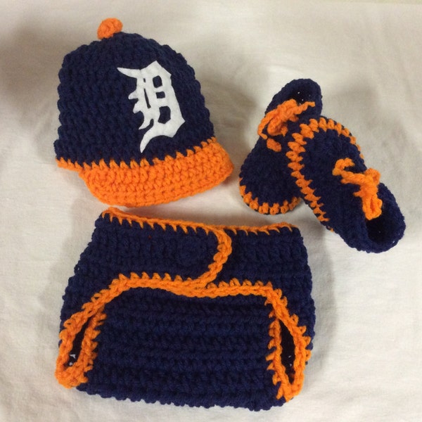 Detroit Tigers. Baby Crochet Baseball Cap, Diaper Cover, and Shoes. FREE SHIPPING