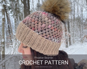 Crochet Pattern / Easy Puff Textured Folded Brim Beanie Pompom Hat Cap Child Adult Toque Unisex / Phoebe Beanie Pattern PDF