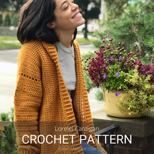 Crochet Pattern / Easy Chunky Ribbed Collar Pockets Hooded Cardigan Sweater  / Lorelei Cardigan Pattern PDF