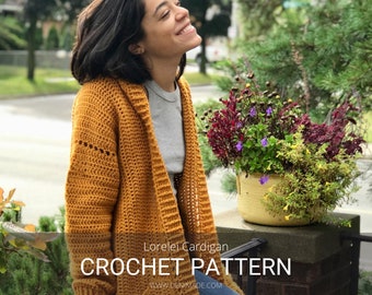May include: A woman wearing a mustard yellow crochet cardigan with a hood. The cardigan has a stitch pattern with holes. The text "Lorelei Cardigan CROCHET PATTERN www.DENVMADE.COM" is visible at the bottom of the image.