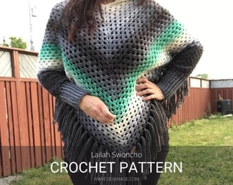May include: A crochet poncho with a gradient of grey, white, and green colors. The poncho has a fringe border and is shown being worn by a person. The text "Lailah Swoncho CROCHET PATTERN WWW.DENIMADE.COM" is at the bottom of the image.
