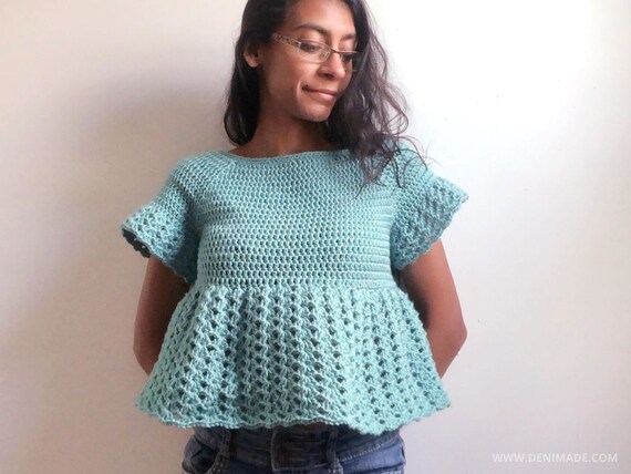 Crochet Pattern / Peplum Babydoll Empire Waist Top Lace Sleeves