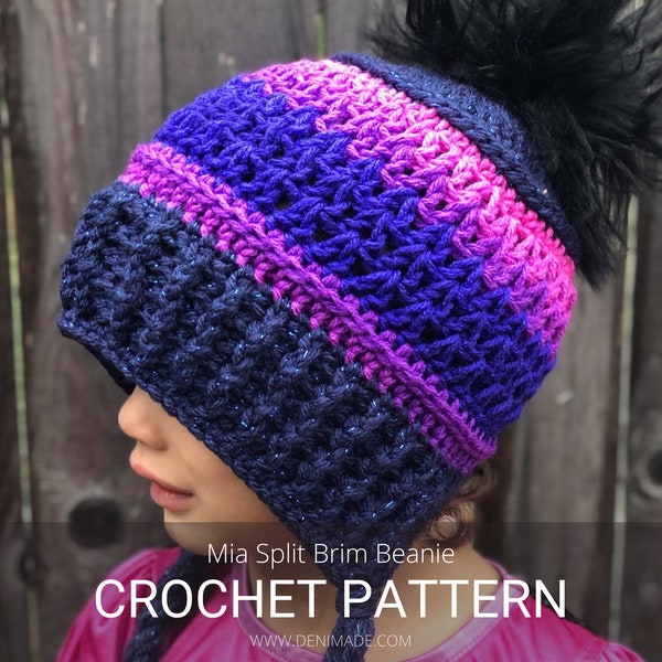 Crochet Pattern / Textured Split Brim Earflap Beanie Pompom Hat Cap Child Adult / Mia Beanie Pattern PDF