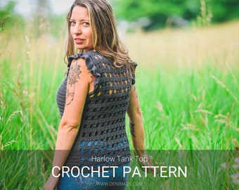 Crochet Pattern / Easy ruffled flutter sleeve peek a boo lace back summer top / Harlow Tank Top PDF