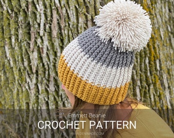 Crochet Pattern / Easy Unisex Ribbed Beanie Pompom Hat Toque Child Adult / Emmett Beanie Pattern PDF