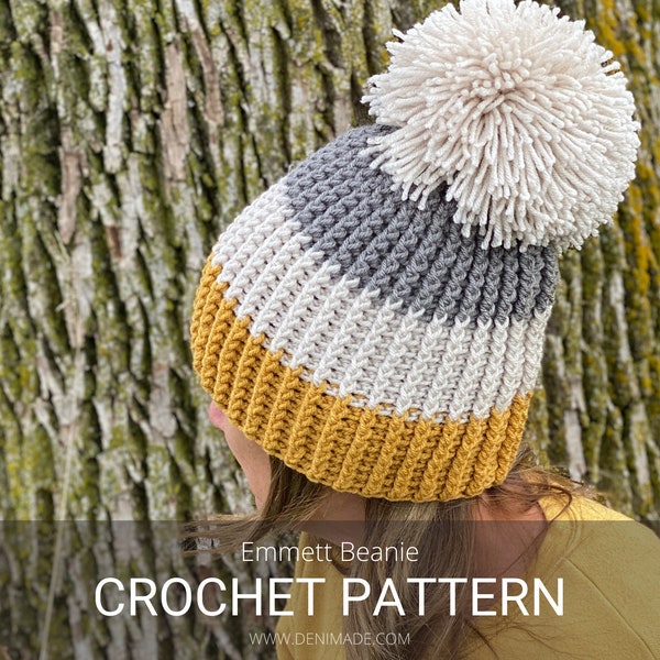Crochet Pattern / Easy Unisex Ribbed Beanie Pompom Hat Toque Child Adult / Emmett Beanie Pattern PDF