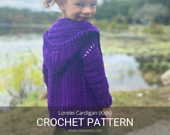 Crochet Pattern / Textured Ribbed Collar Pockets Hood Cardigan Sweater Kids Child / Lorelei Cardigan Pattern PDF