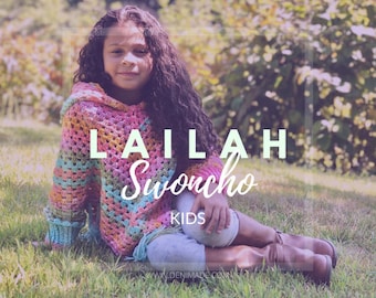 Lailah Hooded Swoncho (Kidz)  - Crochet Pattern, Easy, Fringe, Granny, Hood, Mandala