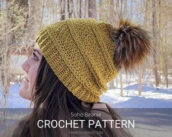 Crochet Pattern / Textured Beanie Pompom Hat Toque Child Adult / Soho Beanie Pattern PDF