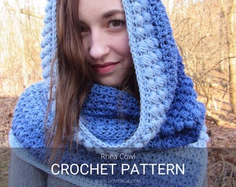 Crochet Pattern / Textured Hooded Puff Stitch Cowl Loop Scarf / Rhea Cowl Pattern PDF