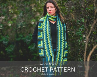Crochet Pattern / Long Mitered Granny Square Scarf, Twisted Fringe /Winnie Scarf (PDF)