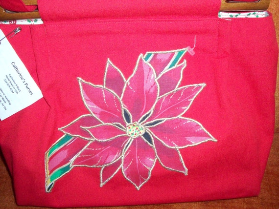 red poinsetta applique cotton purse - image 1