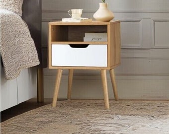 Bedside Table with 1 Drawer Oak Legs Side Table with Storage Oak Effect & White. Free Shipping