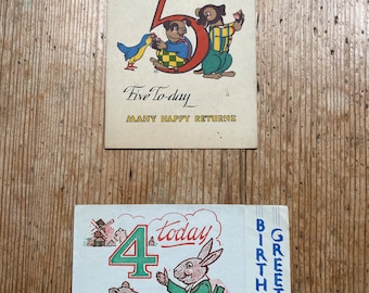 May include: Two vintage birthday cards with illustrations of animals. The first card is red, yellow, and blue with a number 5 and a bear with birds. The text reads "Five To-day MANY HAPPY RETURNS". The second card is green, red, and blue with a number 4 and a rabbit with a teddy bear. The text reads "today BIRTHDAY GREETINGS".