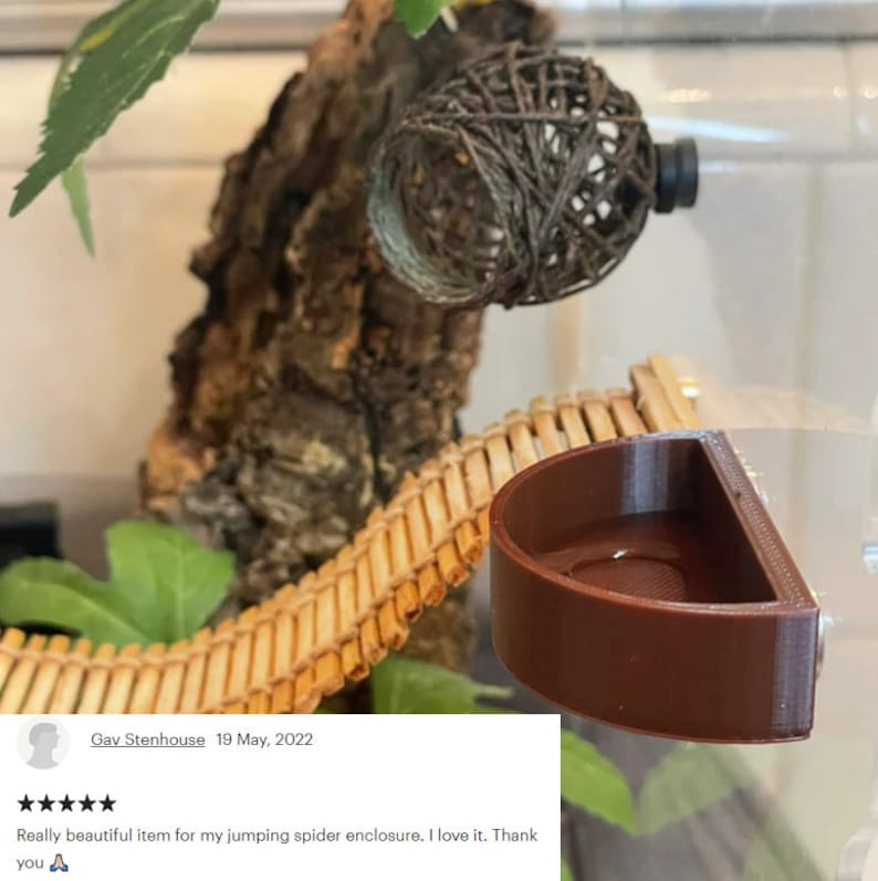 May include: A brown plastic water dish for a small pet, such as a spider or lizard. The dish is attached to the side of a clear plastic enclosure. The enclosure is decorated with a small wooden bridge and a brown, woven ball.