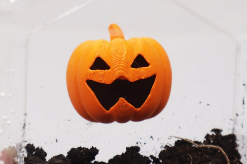 May include: An orange plastic jack-o'-lantern with a carved face. The pumpkin is floating above a pile of brown dirt.
