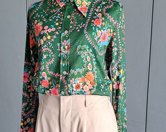 70s Hippie Pointed Collar Mod Shirt - Vintage Paisley Long  Sleeved Polyester Shirt - 34&quot; Bust - S or Smaller M