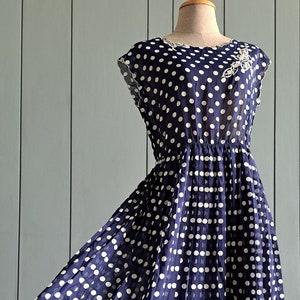 S - M - 70s Indigo Blue White Polka Dot Dress - Retro Summer Sleeveless Midi Dress - 36&quot; Bust 28&quot;-30&quot; Waist
