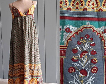 Vestido largo estilo bohemio de los 90 en gasa de algodón con estampado paisley, talla S-M