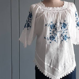 M - 80s White Cotton Blouse - Lace Cotton Top - Boho Summer White Blouse