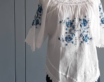 M - 80s White Cotton Blouse - Lace Cotton Top - Boho Summer White Blouse