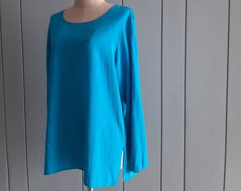 M - L - Pure Silk Blouse - 40" Bust Vintage Blue Turquoise Silk Blouse - Crepe de Chine Silk Summer Top