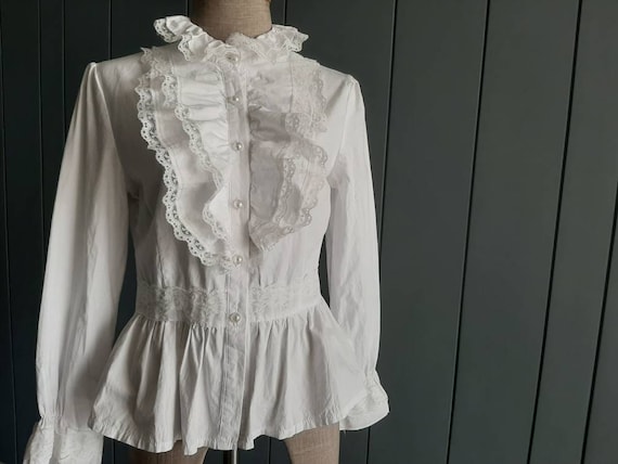 S - Vintage White Cotton Shirt - Ruffle Shirt - Wo