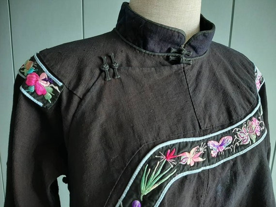 Beige Black Embroidered Cheongsam Blouse Top