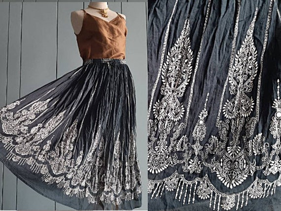 Handmade Indian Gauze Cotton Free Size Black Paisley Pink Purple Sequin Trim Long Maxi Skirt Lightweight Breezy Summer Boho Hippie Festival