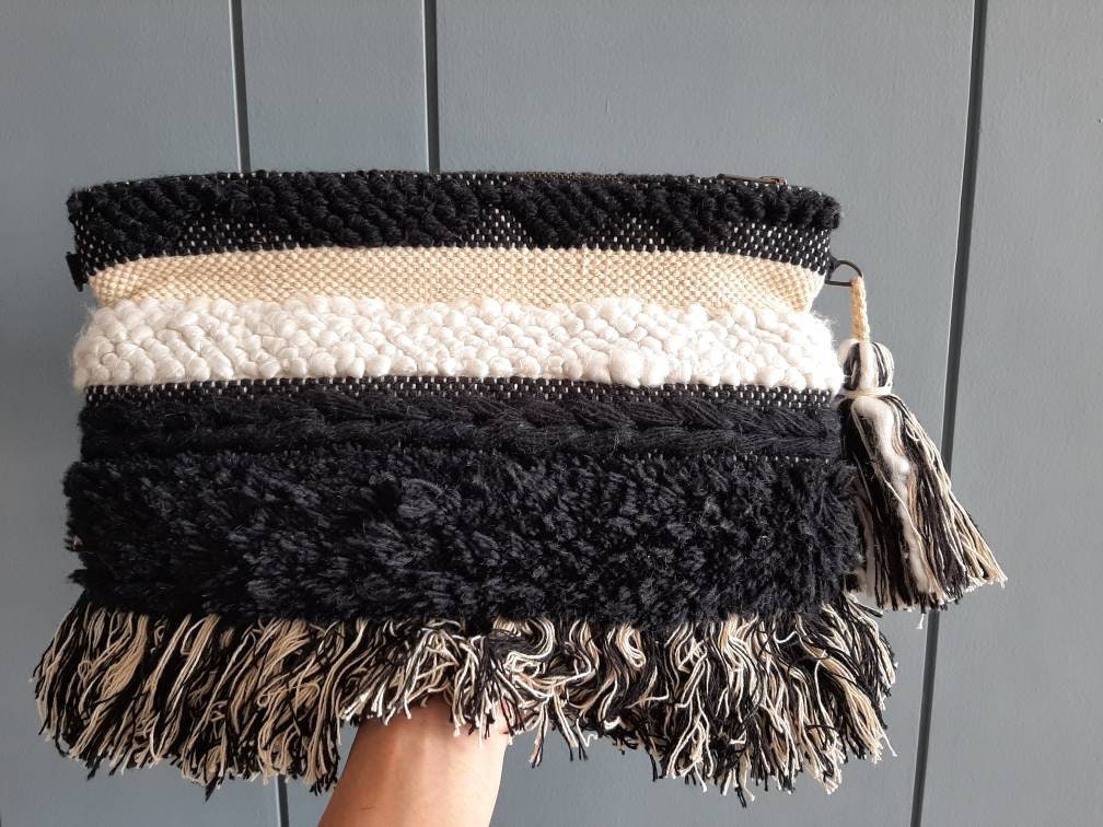 Boho Fabric Clutch - Fabric Fringe Clutch - White Black Ethnic Tribal - Boho Gypsy Hippie Tassel Clutch