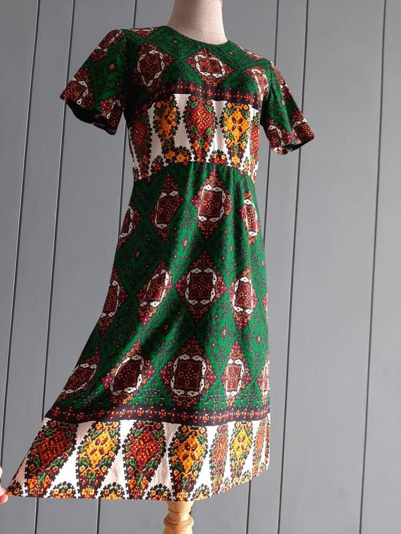 27 Waist 70s Retro Cotton Dress Day Dress Cotton Maximalist Dress S Green Orange Dress