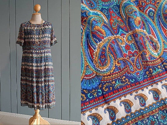 M - 70s Summer Chiffon Dress - Boho Paisley Dress