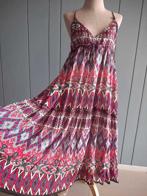 90s Boho Tribal Print Cotton Sundress - Cotton Gauze Maxi Summer Camisole - Hippie Boho Beach Dress - S - Maternity