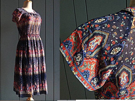 70s Boho Chiffon Dress - Paisley Print Chiffon - V
