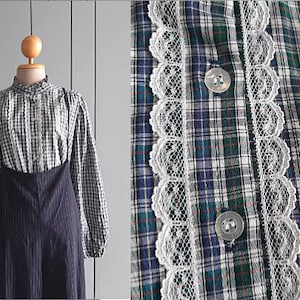 Camisa de algodón a cuadros escoceses vintage para fiestas, talla L - XL - Camisa vaquera de manga larga