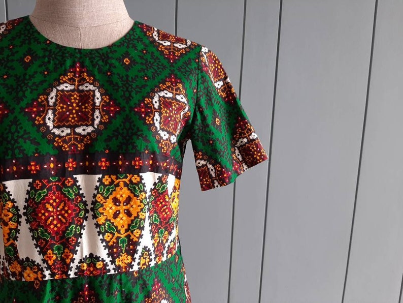 27 Waist 70s Retro Cotton Dress Day Dress Cotton Maximalist Dress S Green Orange Dress