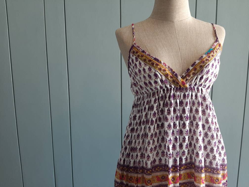 S - 90s Boho Maxi Dress - Indian Gauze Cotton Spaghetti Strap - Paisley  Block Print Summer Sun Dress