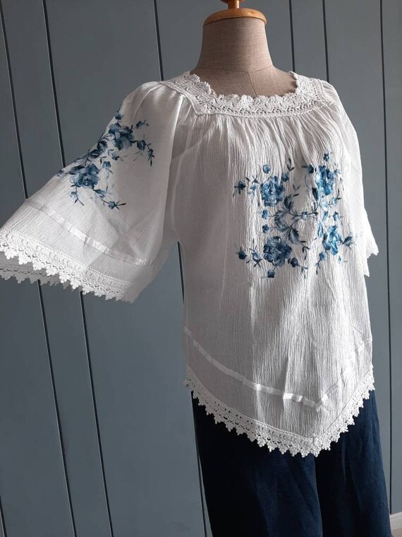 M 80s White Cotton Blouse Lace Cotton 