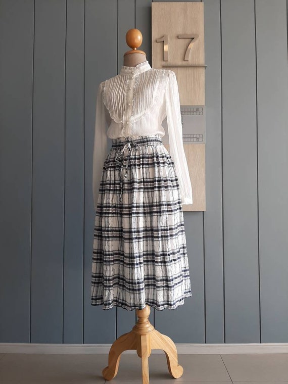 90s Tartan Check Pure Cotton Skirt - Elastic Wais… - image 5