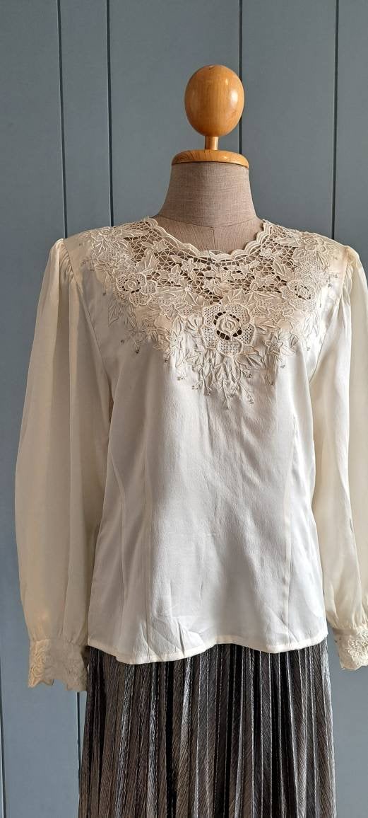 Vintage Ivory Silk Blouse Hand Embroidered Blouse Romantic Wedding ...